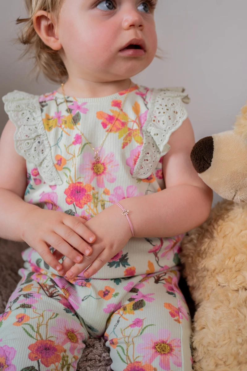 Înger contur cu aureolă brățară cu șnur pentru bebeluși din aur roz 14K