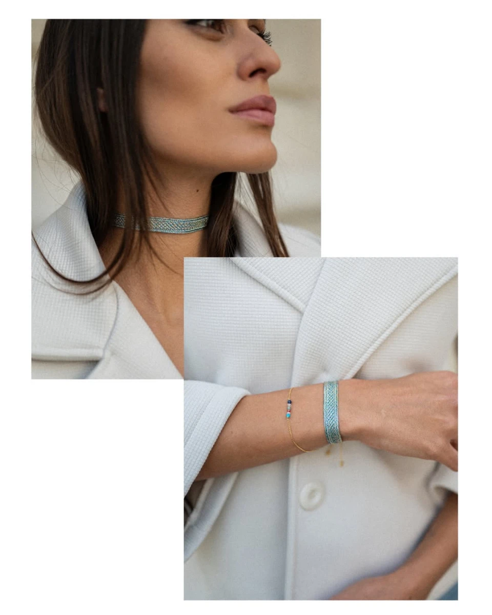 Colier choker tradițional arab din fir de aur, în auriu și albastru denim