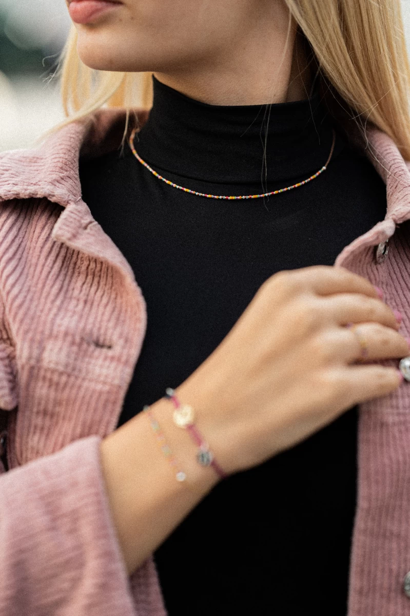 Colier din aur roz 14K cu lanț de perle colorate