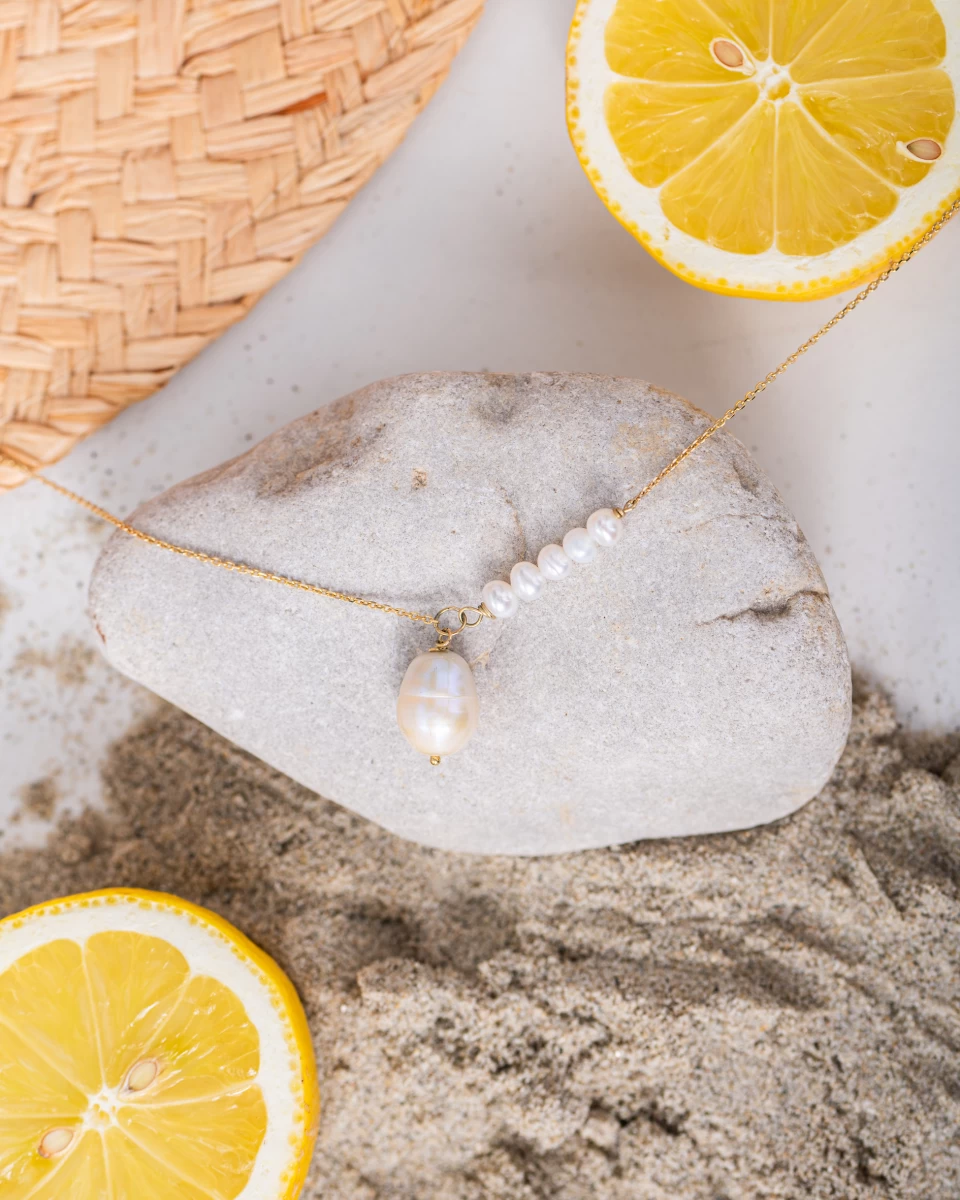 Colier din aur roz 14K cu perlă albă