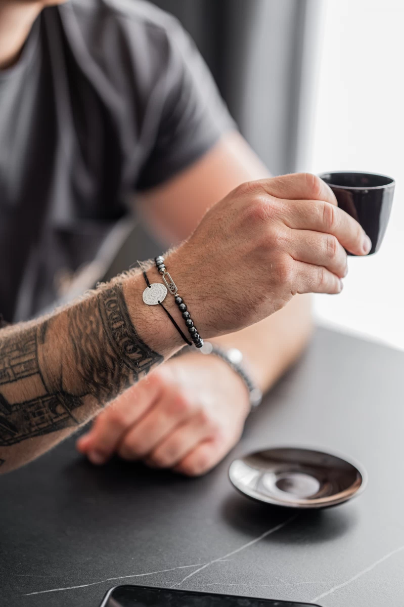 Brățară cu ac de siguranță, mărgele din mineral hematit, argint sterling 925