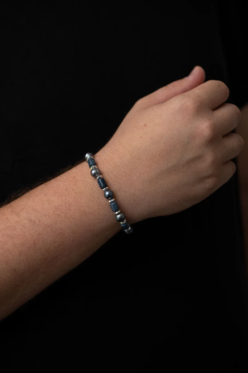 Brățară din argint 925 cu dumortierit, hematit, mineral și perlă tahitiană